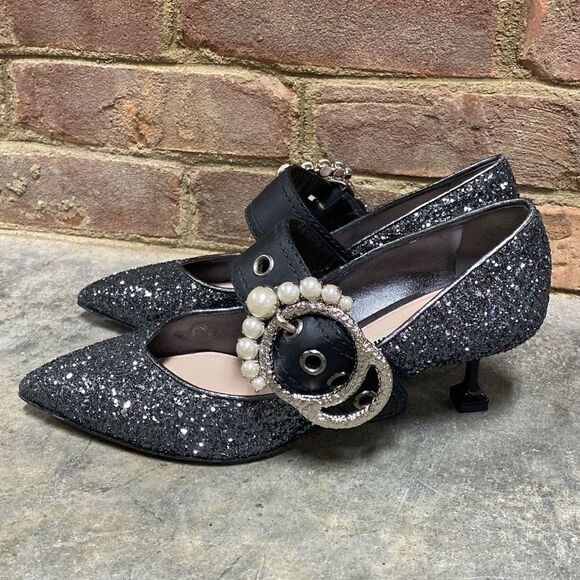 Miu Miu Glitter Jeweled Buckle Pointed Toe Pump Size 37.5 - Picture 2 of 10